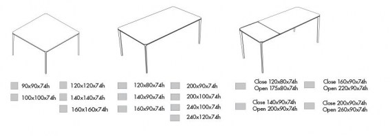 Slim table dimensions: square, rectangle and extending.